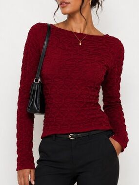 Cherry Mellow Burgundy Textured Stretch Long Sleeve Top Y2K Minimalist | Large